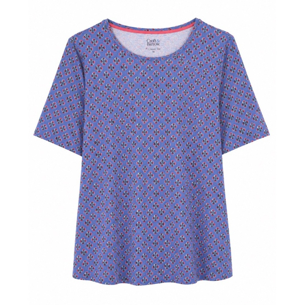 Croft Barrow Womens Plus 1X Classic Tee Blue Floral Print Cotton T-Shirt Top